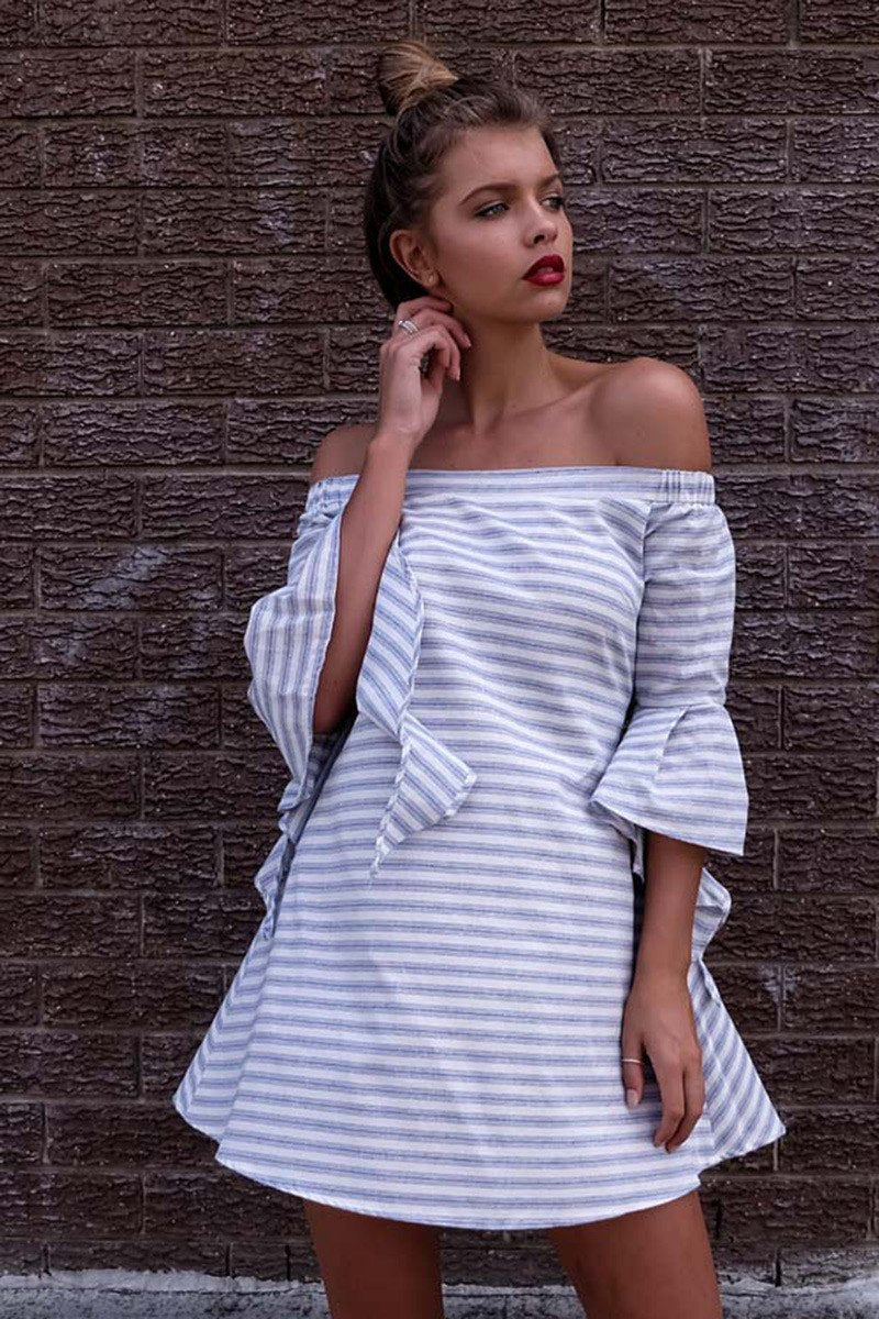 Loose Off Shoulder Stripe Long Sleeve Short Dress - Meet Yours Fashion - 4