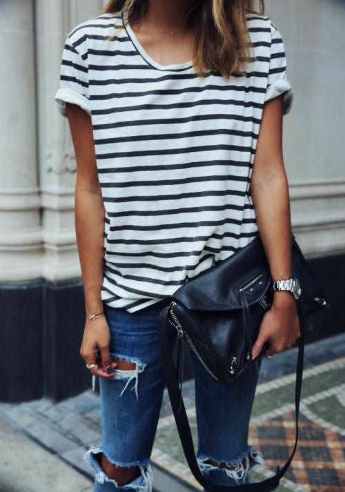 Striped Scoop Short Sleeves Casual Loose T-shirt