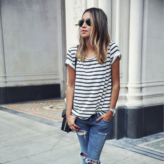 Striped Scoop Short Sleeves Casual Loose T-shirt