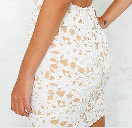 Hollow Out V Neck Lace Back Cross Short Bodycon Dress