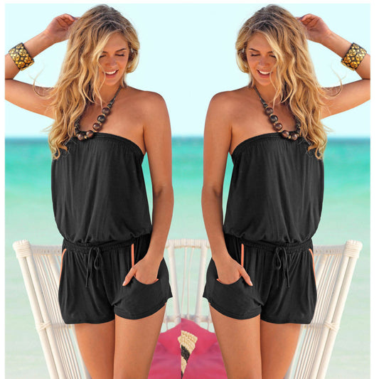 Pure Color Strapless Sleeveless Romper