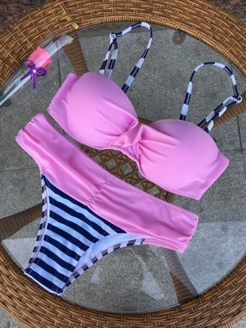 Candy Color Stripe Polka Dot Low Waist Two Pieces Bikini Set - Meet Yours Fashion - 10