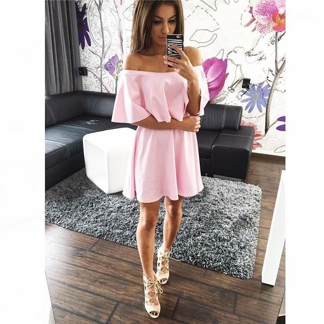Clearance Off Shoulder Pure Color Short Sleeves Sexy Short Dress