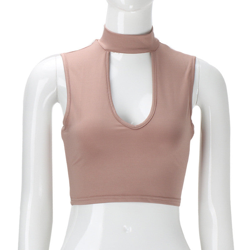 Sexy Sleeveless Hollow Out Pure Color High Neck Crop Top