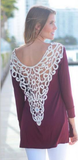 Long Sleeves Lace Patchwork Backless Scoop Sexy Blouse