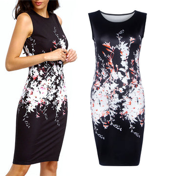 Black Sleeveless Floral Print Bodycon Knee-Length Dress