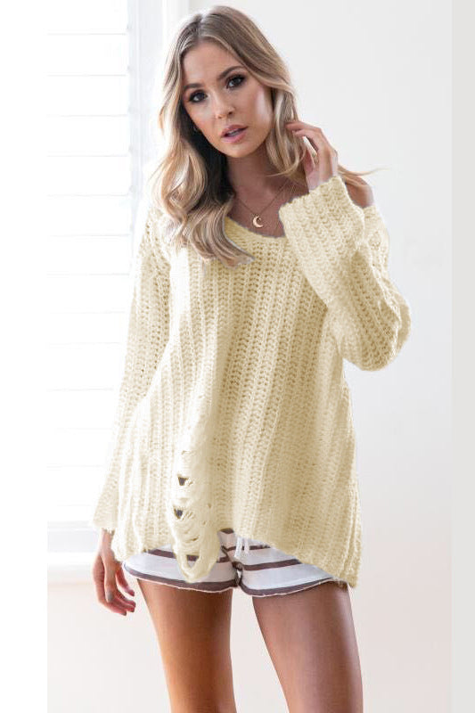 Pure Color Cut Out Begger Style Loose Sweater