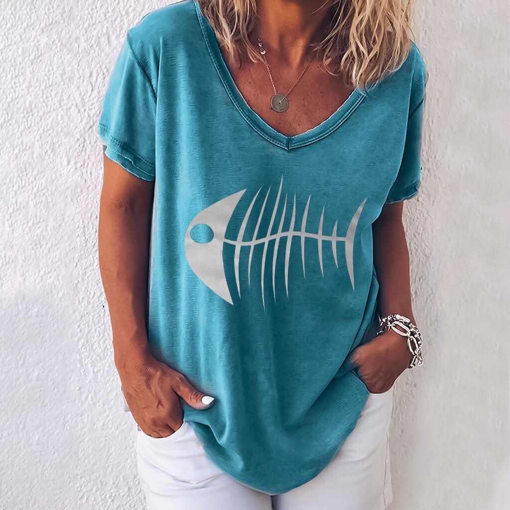 Fish Bone Loose V-neck T-shirt