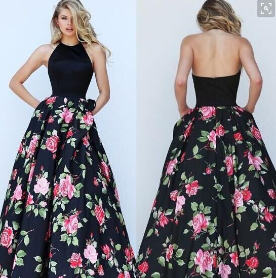 Halter Sleeveless Flower Print Patchwork Flared Maxi Dress - Meet Yours Fashion - 2