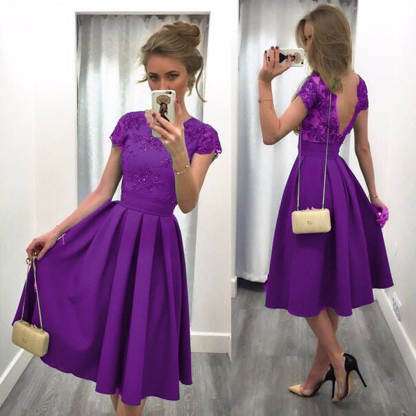Splicing Solid Color Backless Short Sleeves Dress - Meet Yours Fashion - 5