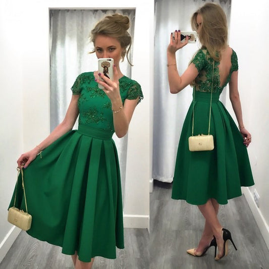 Splicing Solid Color Backless Short Sleeves Dress