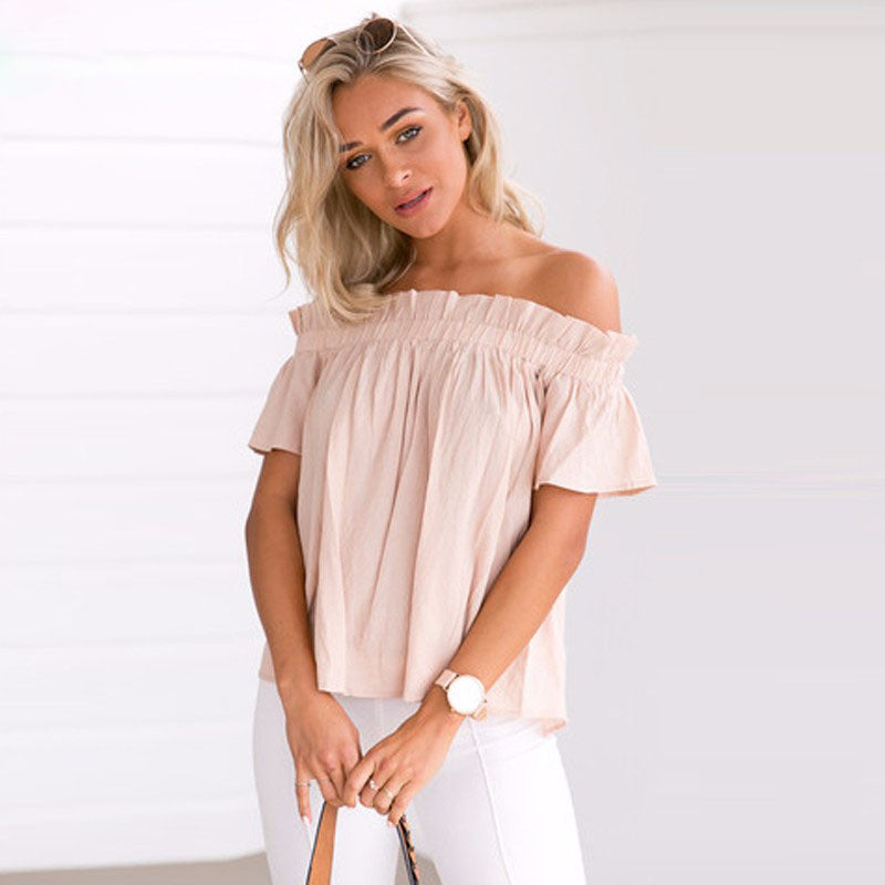 Strapless Falbala Short Sleeves Pure Color Blouse