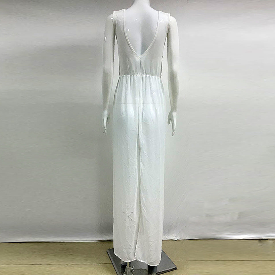 Hollow Out Deep V-neck Split Women Chiffon Long White Beach Dress
