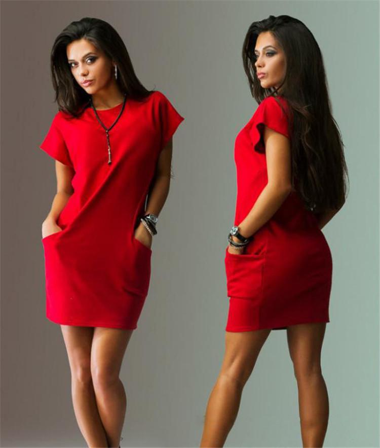 Short Sleeves Solid Color Scoop Short Dress with Pocket - Meet Yours Fashion - 5