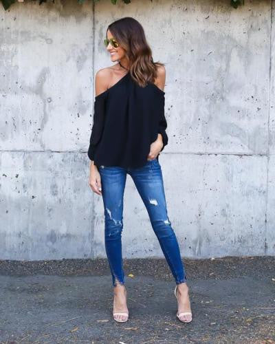 Halter Off-shoulder Long Sleeves Loose Street Chic Blouse - Meet Yours Fashion - 5