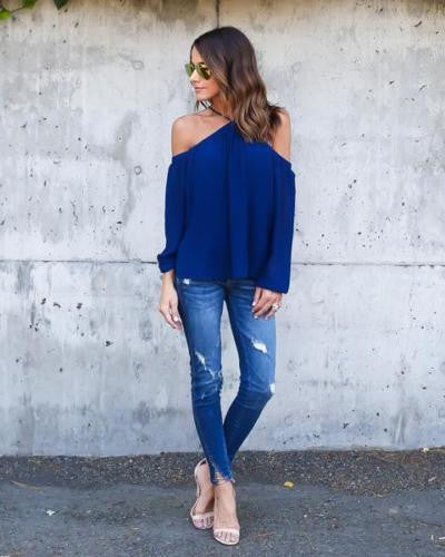 Halter Off-shoulder Long Sleeves Loose Street Chic Blouse - Meet Yours Fashion - 1
