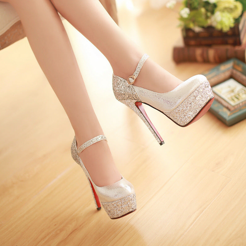 Charming Rhinestone Stiletto Heel Round Toe Ankle Strap High Heels Party Shoes