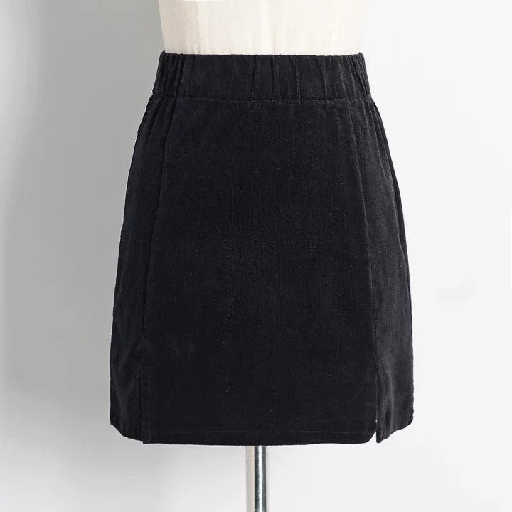 High Waist Pure Color Split Corduroy Slim Short Skirt