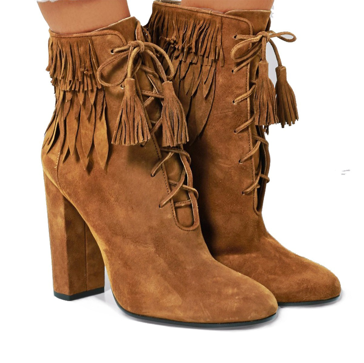 Tassels Pointed Toe High Chunky Heel Ankle Boots