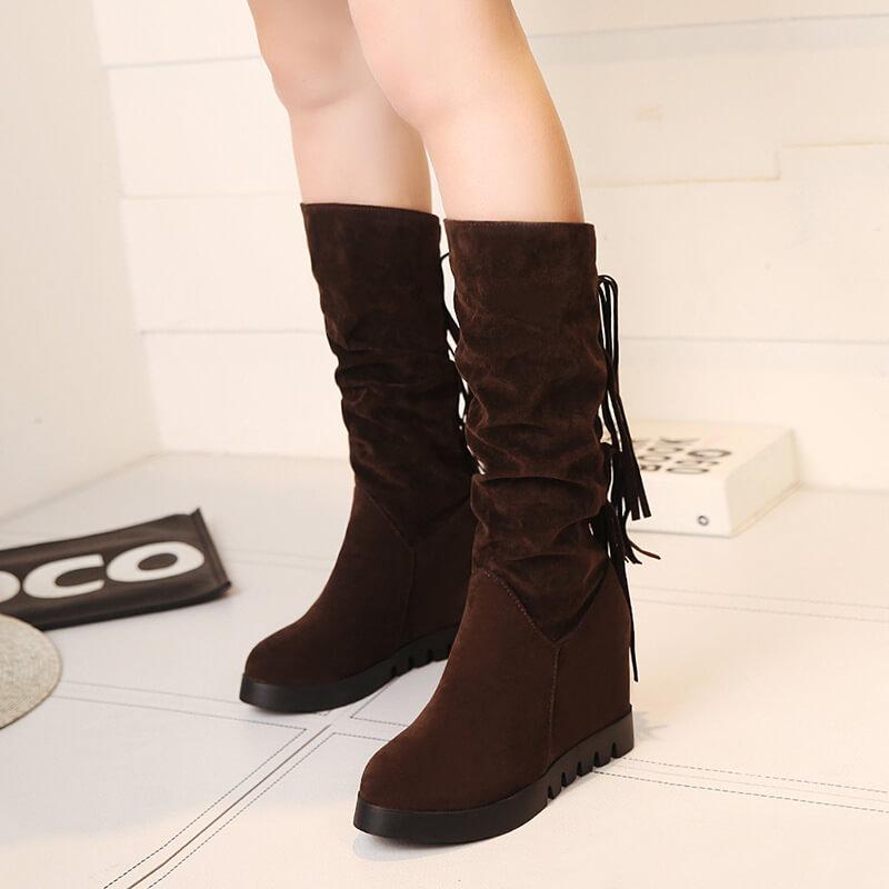 Wedge Flat Suede Fringe Mid Calf Boots