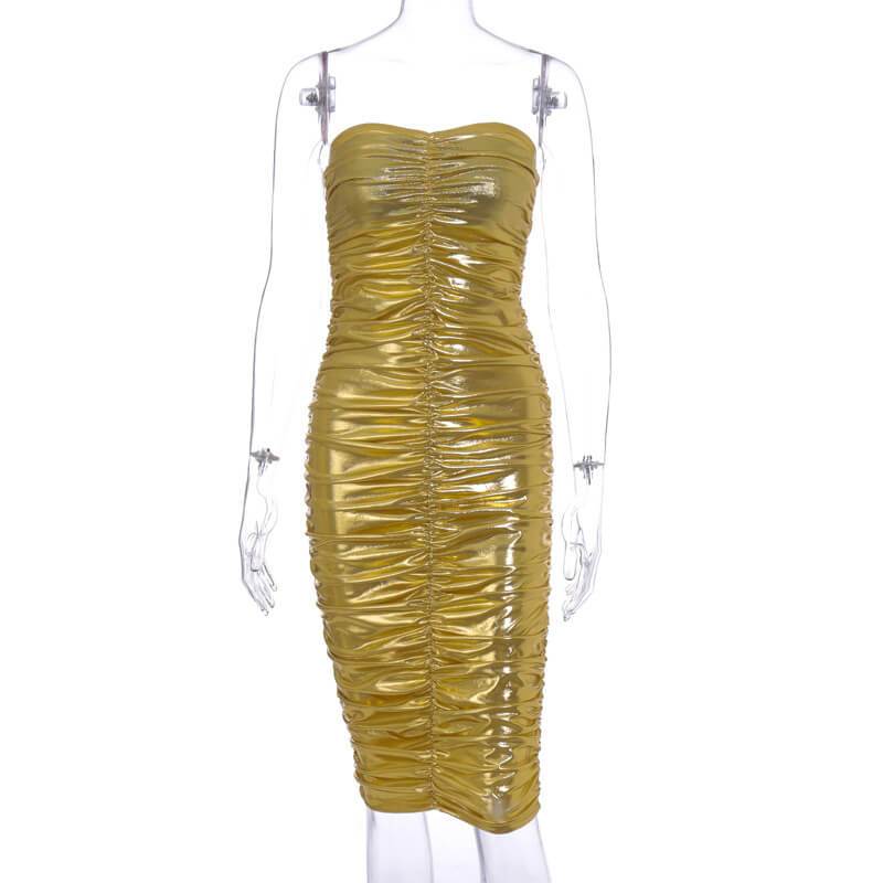 Metallic Ruched Tube Midi Dress