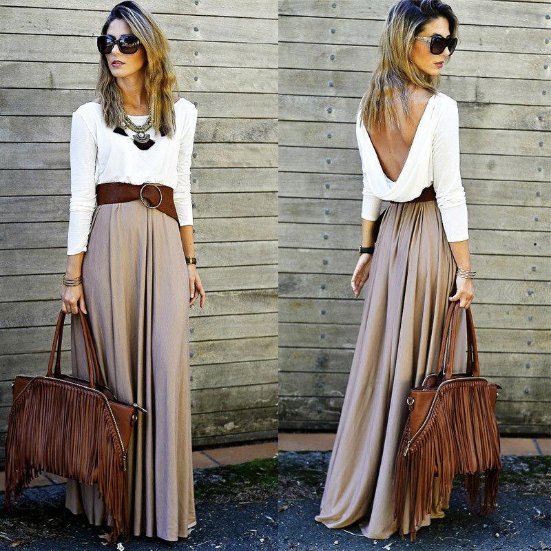 Clearance Splicing Long Sleeve Backless Scoop Pleated Long Dress