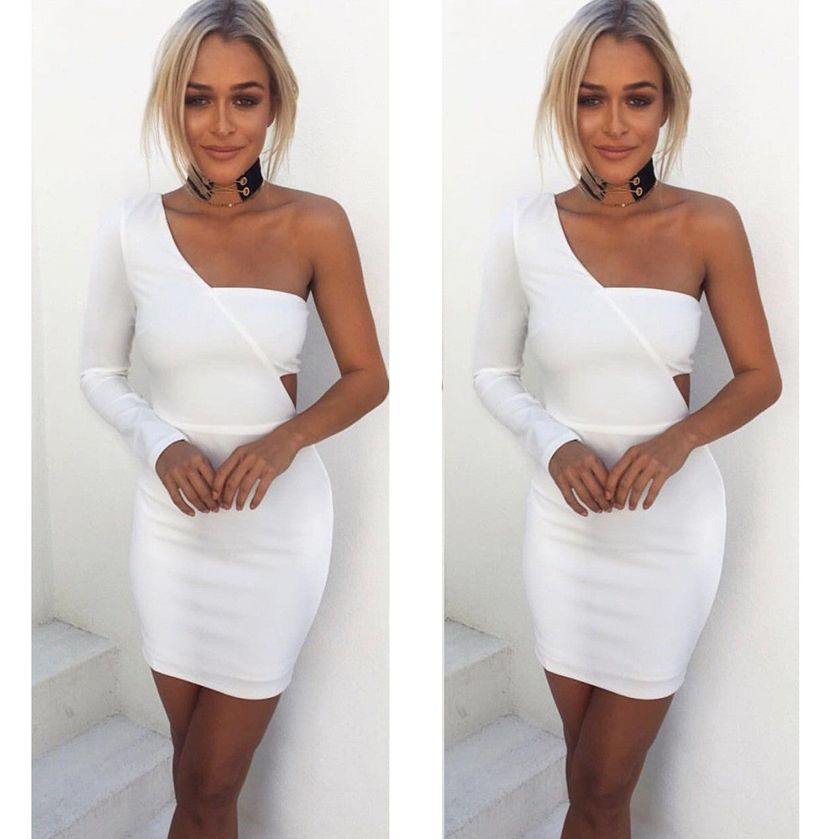 White Long Sleeve Wrapped One Shoulder Bodycon Dress