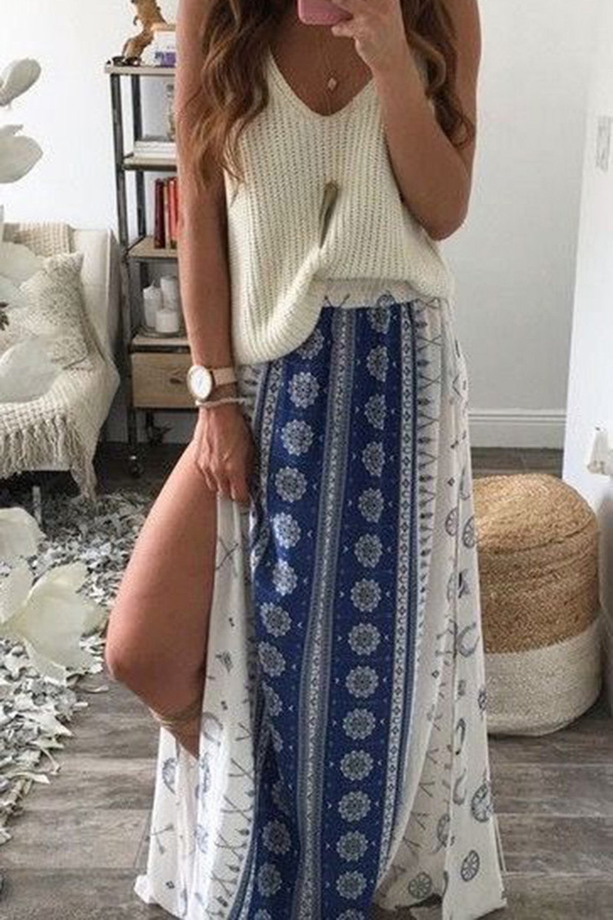 Bohemian Beach Loose Split Print Long Skirt