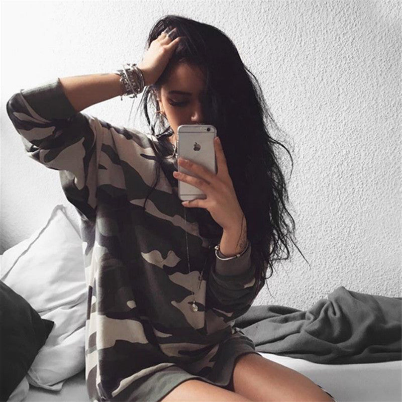 Scoop Camouflage Long Sleeves Fashion Long Blouse