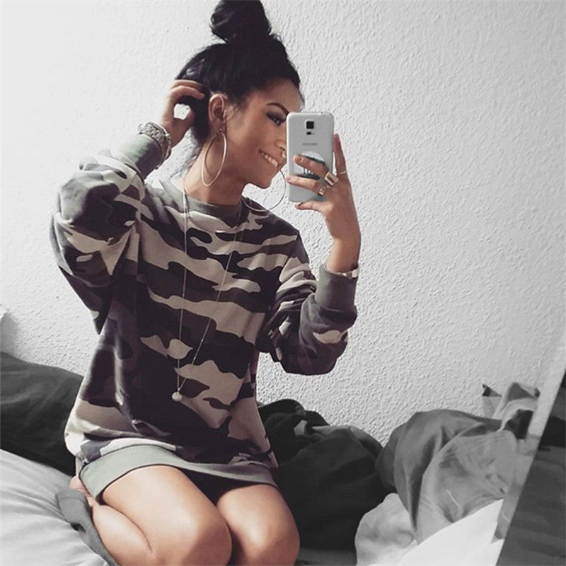 Scoop Camouflage Long Sleeves Fashion Long Blouse