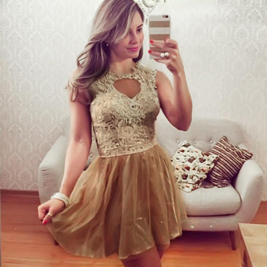 Clearance Sleeveless Scoop Golden Laces Patchwork Dress