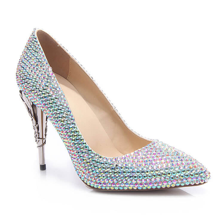 Rhinestone Leather Point Toe Solid Pumps