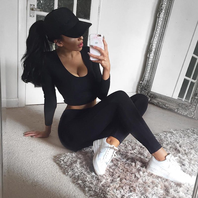 Pure Color Crop Top with Skinny Pants Two Pieces Sports Set