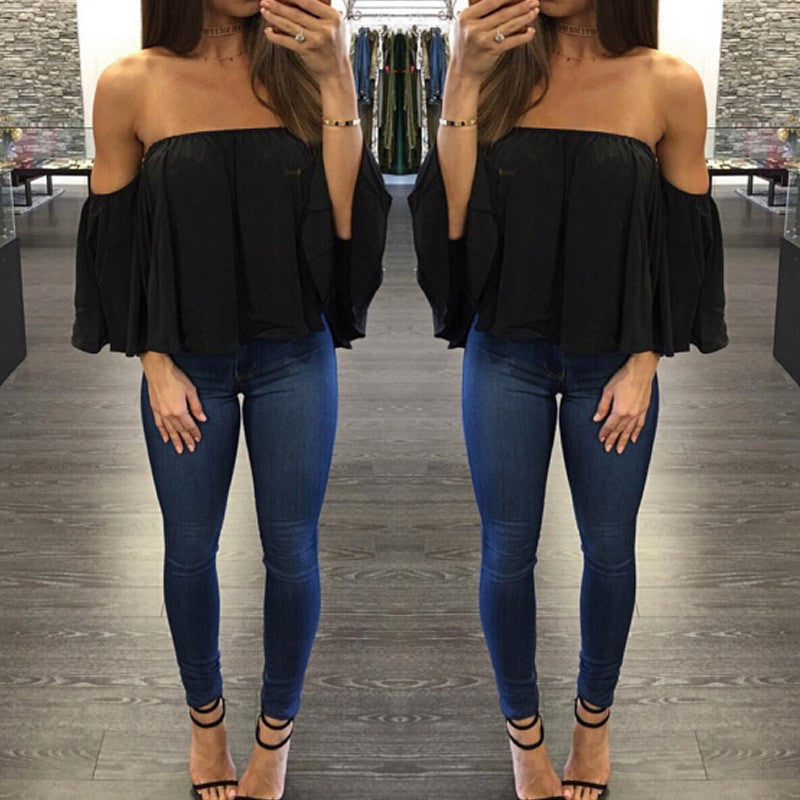 Sexy Off Shoulder Long Sleeve Chiffon Loose Blouse