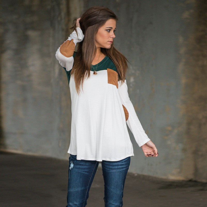 Fashion Contrast Color Long-Sleeve Round Neck Blouse