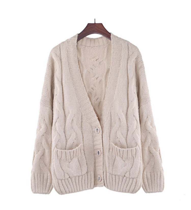 Cable Knit Deep V-neck Buttons Pockets Loose Cardigan