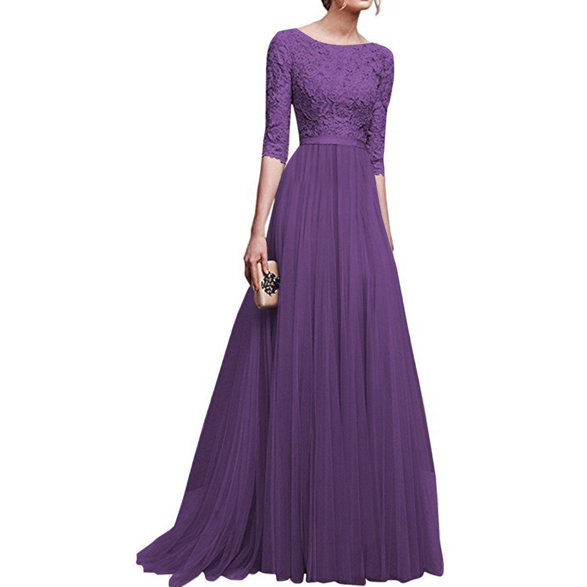 Lace Patchwork Half Sleeves Long Party Dress