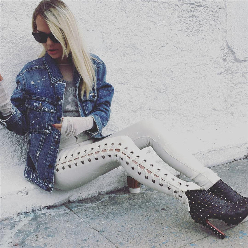 Side Straps Lace Up Hollow Out Long Skinny Pants