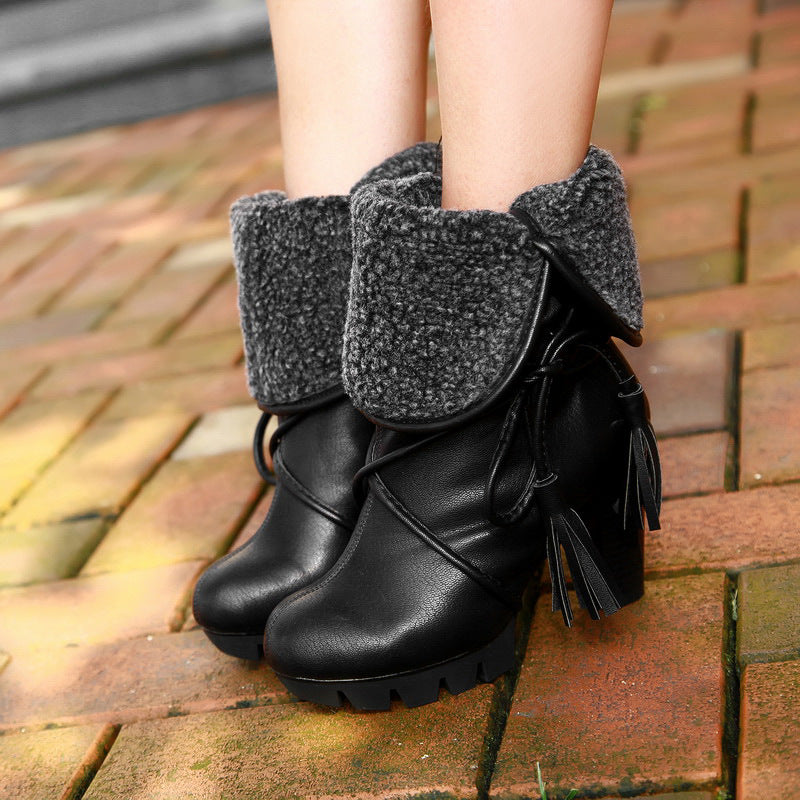 Straps Tassels Curled Edge High Chunky Heels Short Boots