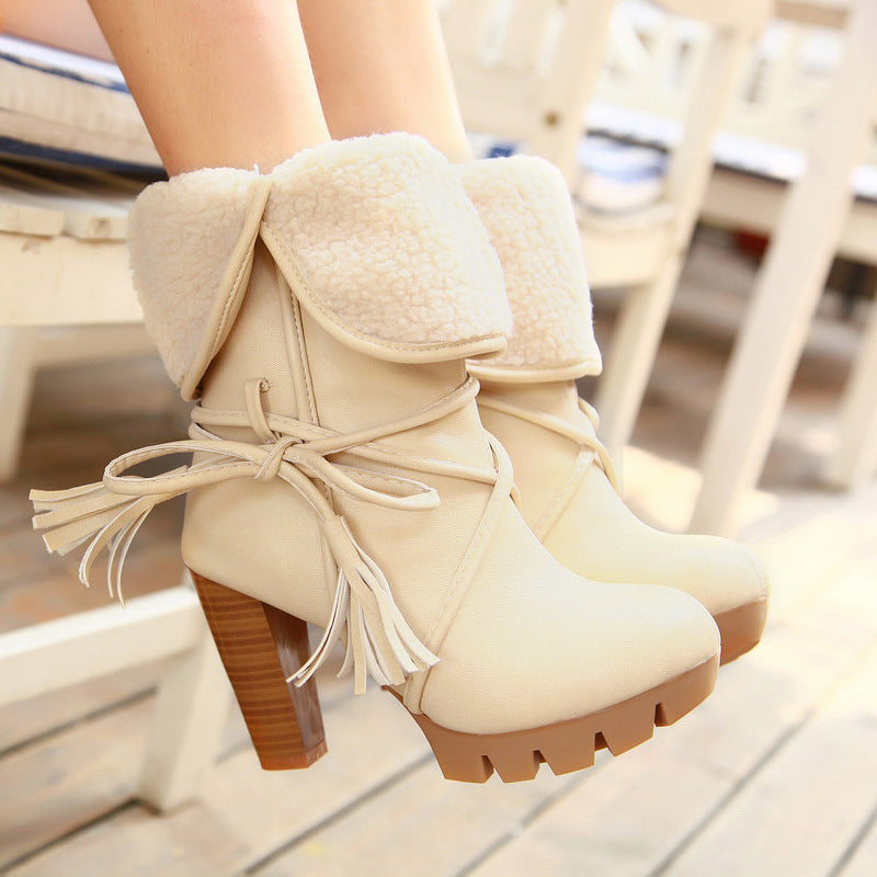 Straps Tassels Curled Edge High Chunky Heels Short Boots