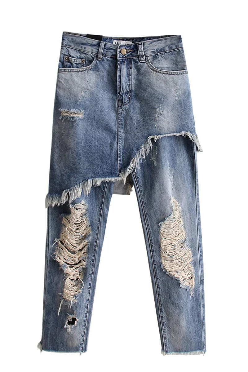 Holes Zipper Slim Long Fake Two Pieces Irregular PantsJeans
