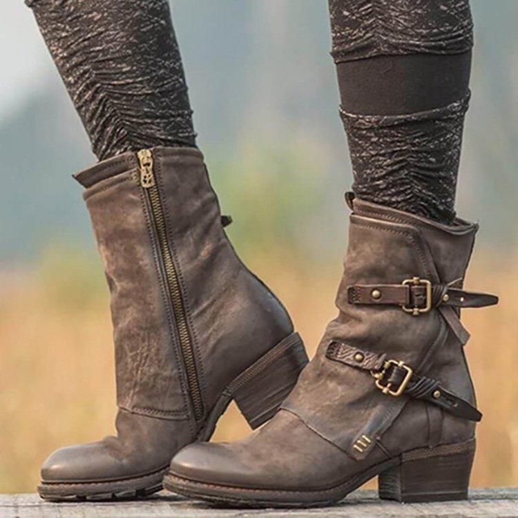 Leather Buckle Zipper Chunky Heel Ankle Boots
