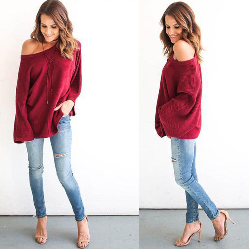 Fashion Bell Sleeve Scoop Knit Loose Pullover Sweater