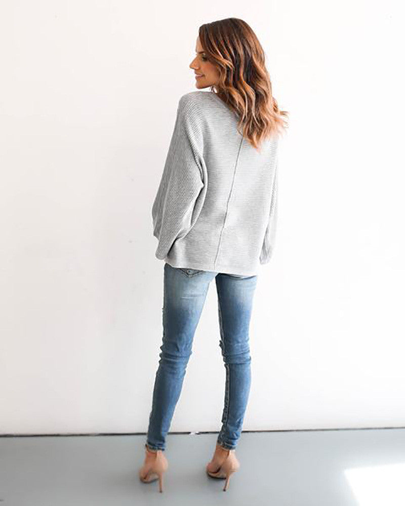 Fashion Bell Sleeve Scoop Knit Loose Pullover Sweater
