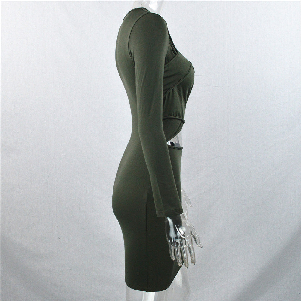Cross Bandage Long Sleeve Short Bodycon Dress