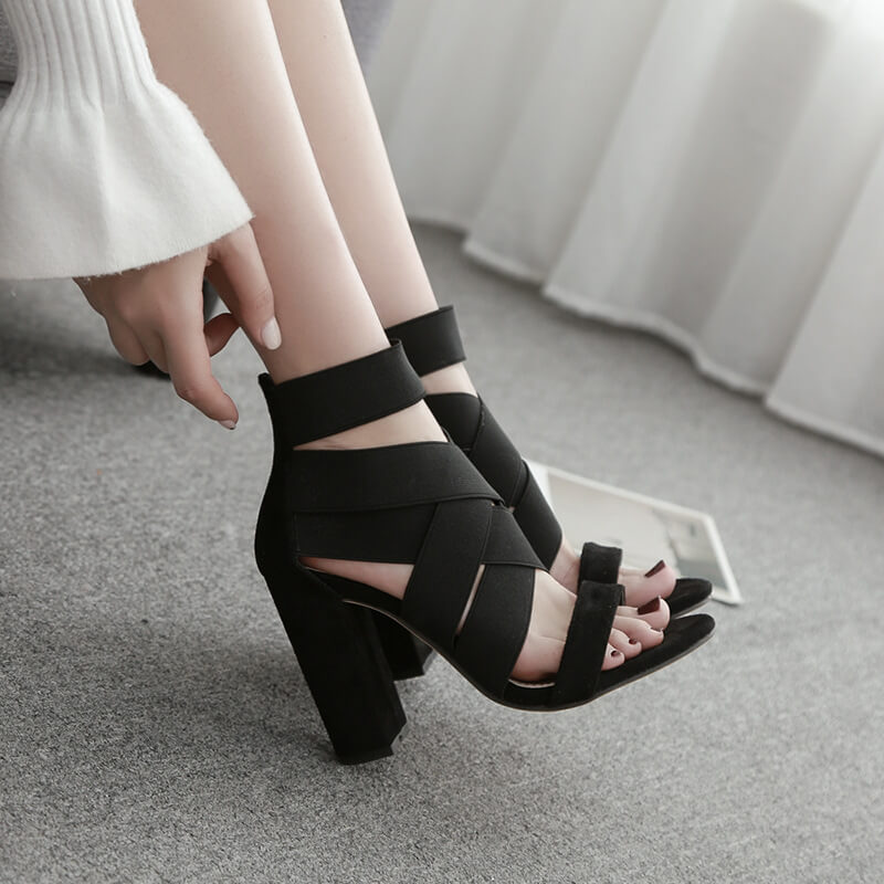 Suede Point Toe High Chunky Heel Sandals