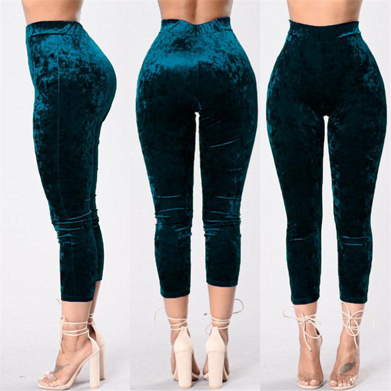 Women's High Waist Pleuche Elastic Slim 7/10 Pants