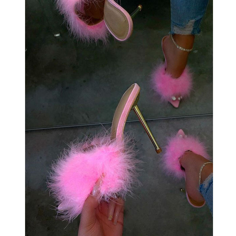 Fashion Fur Point Toe High Heel Sandals
