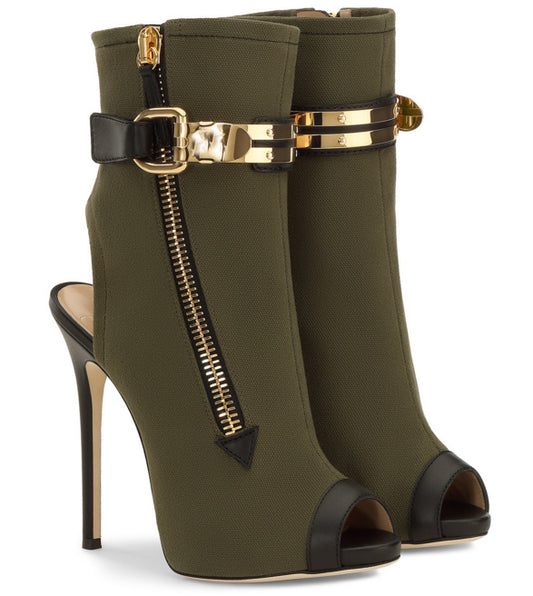 Army Green Peep-Toe Buckled Stiletto Heel Ankle Boots