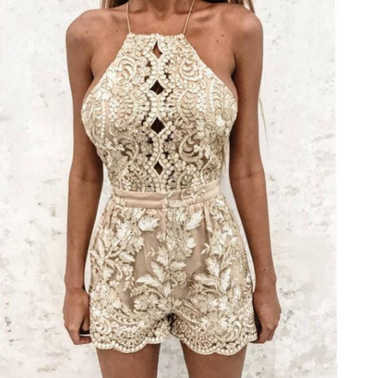 Sexy Lace Condole Belt Golden Backless Romper